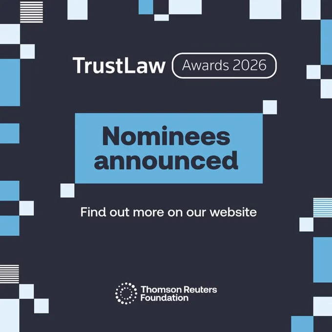 A social media tile for the 2026 TrustLaw Awards which says: 'Nominees announced. Find out more on our website.' The TrustLaw and Thomson Reuters Foundation logos are also featured.