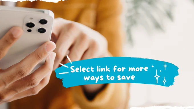 Hand types on a mobile phone. Bill lays on surface. Words say, \"Select link in bio for more ways to save.\"
