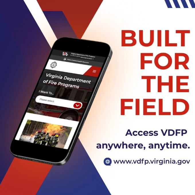 Image of a smartphone displaying the Virginia Department of Fire Programs website. The background is a diagonal gradient of red, dark blue, and white. Text on the right reads: "BUILT FOR THE FIELD. Access VDFP anywhere, anytime." The website URL is www.vdfp.virginia.gov.