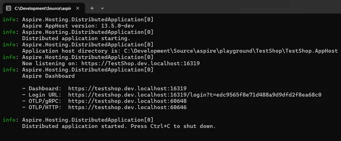 Screenshot of console after starting app host
