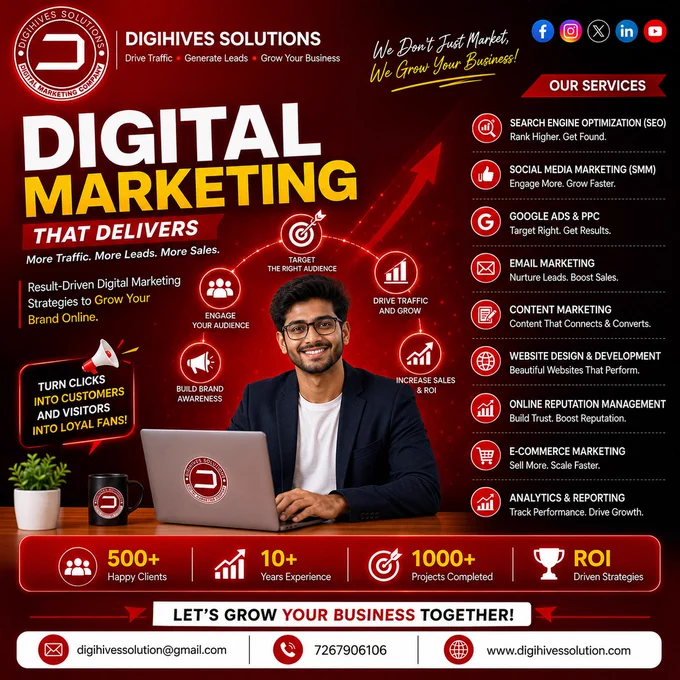 🚀 Take Your Business to the Next Level with
Digihives Solutions ✅

💡 Your Trusted Partner for Digital Success!
From creative marketing strategies to powerful website development — we help your brand stand out online 🌟

🎯 Our Expertise:
✔️ Digital Marketing
✔️ SEO Services
✔️ Social Media Management
✔️ Website Designing & Development
✔️ Google Ads & Lead Generation

📈 Boost Visibility • Generate Leads • Grow Faster

📞 Connect With Us Today!
📲 072679 06106
📩 digihivessolution@gmail.com
🌐 Digihives Solutions Official Website

#DigihivesSolutions #DigitalMarketingAgency #SEOExperts #WebsiteDeveloper #SocialMediaMarketing #VaranasiBusiness #OnlineBusinessGrowth #LeadGeneration #BrandBuilding #DigitalSuccess #MarketingAgency #BusinessPromotion #SEOCompany #CreativeAgency