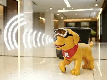 A digital illustration of a yellow dog wearing VR headset, representing Virtual Guide Dogs technology. The dog is walking in a hallway and emitting white sound-wave graphics from its nose toward a black obstacle, demonstrating real-time depth-raycasting and obstacle avoidance.