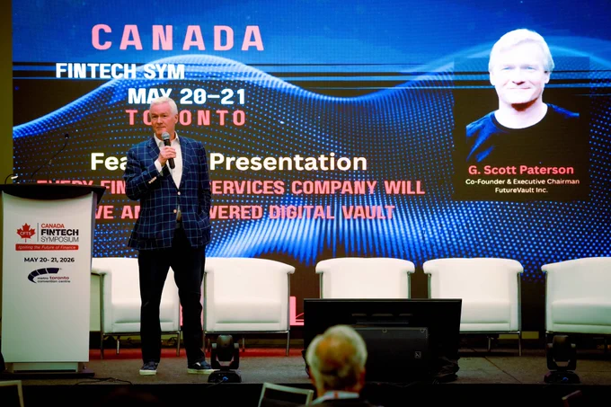 FutureVault's Executive Chairman, G Scott Paterson, delivering an insightful presentation of the future of financial services and financial technologies. 