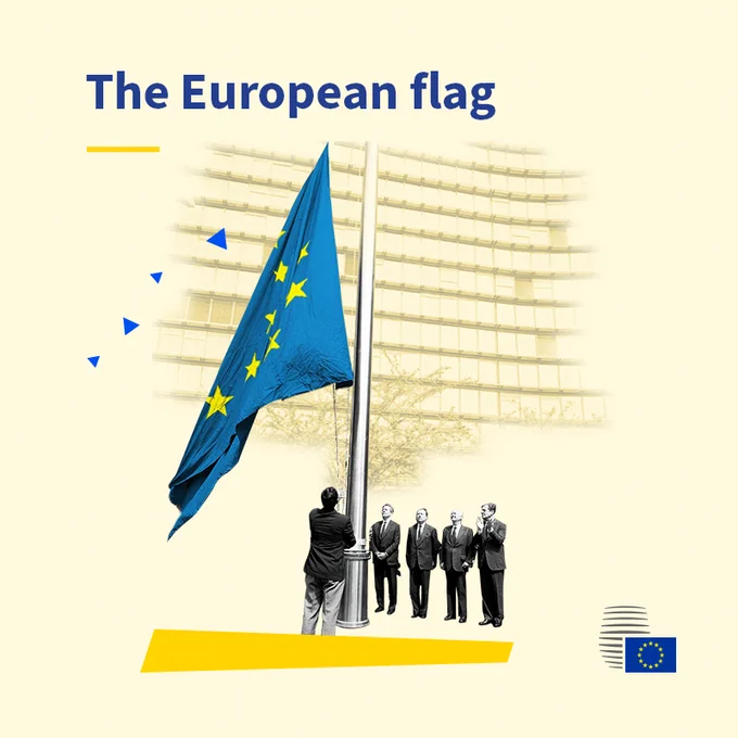 A visual titled “The European flag” shows a large blue European Union flag with yellow stars being raised on a flagpole in front of a modern glass-fronted EU building, while four suited officials stand nearby watching.
