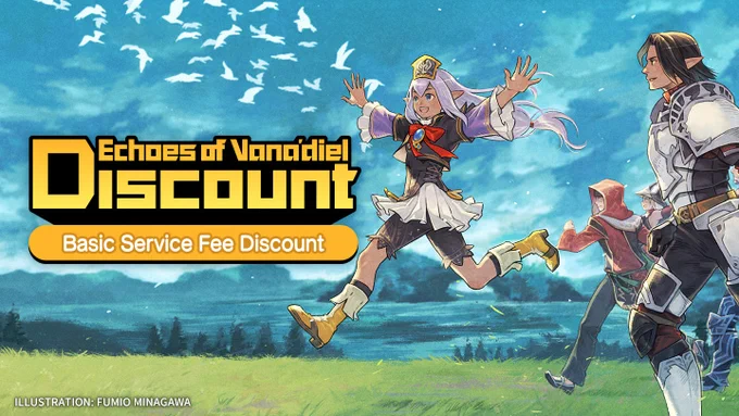 A banner for the Echoes of Vana'diel Discount Campaign. The Final Fantasy 11 logo is at the top of the image. Text reads basic service fee discount. In the background is a illustration of Prishe, an Elvaan from Final Fantasy 11 running in a field with her arms stretched wide followed by three other adventurers trailing behind.