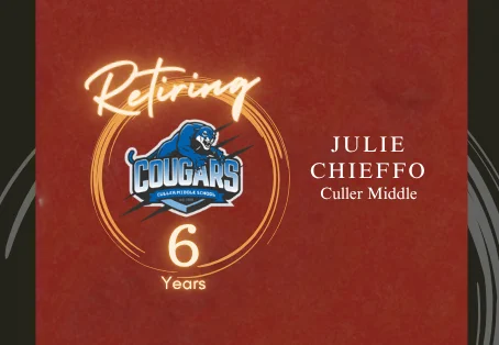 Red and black background with a neon-lit "Retiring" sign. Below it is a logo for "Cougars" and text identifying "Julie Chieffo" as a "Caller Middle" employee.