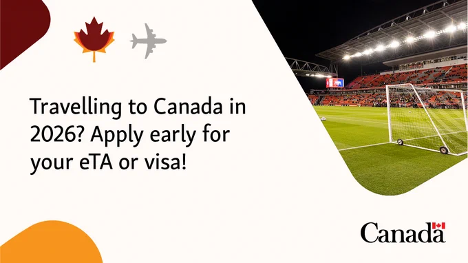 A wide shot of a soccer stadium at night under bright floodlights with a goal in the foreground. Text in Spanish asks if you are travelling to Canada in 2026.