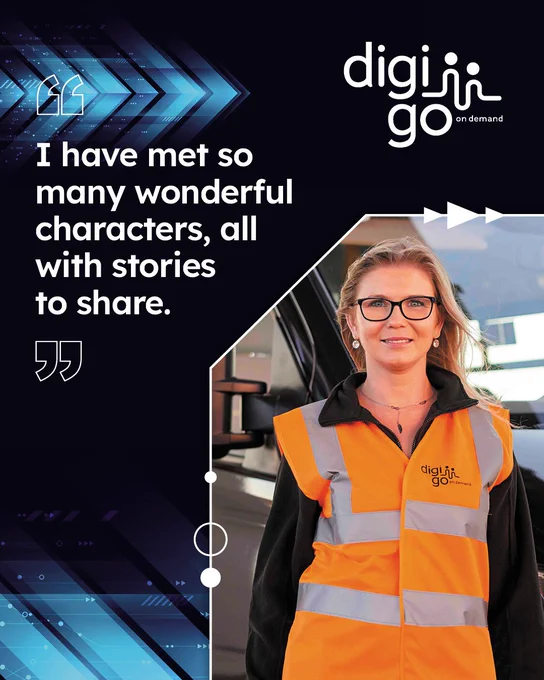 A woman in a high-visibility orange vest smiles, with the 'DigiGo on demand' logo visible.