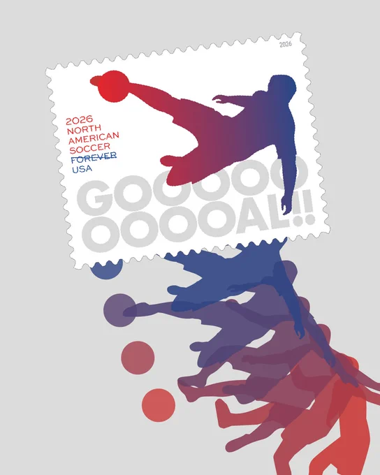 The North American Soccer stamp is shown in front of a background echoing the stamp design.