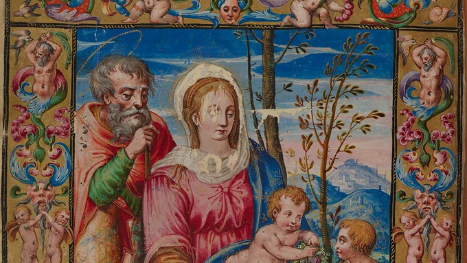 Illustration of a Spanish carta ejecutoria de hidalguía (Executory Certificate of Nobility) from the Middle Ages of a shepherd and his wife with two small children. Illuminations surround them in the borders of the page.