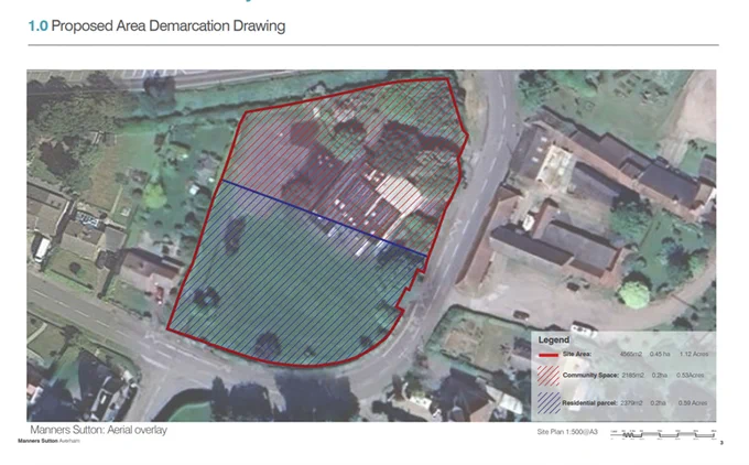 Aerial view showing a proposed land demarcation with areas for community space and residential parcels.