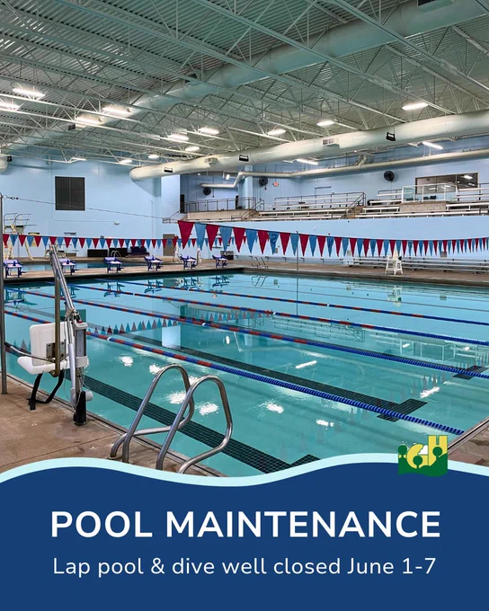 Indoor lap pool and dive well with lane dividers and empty spectator seating under bright ceiling lights with a notice stating the lap pool and dive well will be closed June 1-7 for maintenance and cleaning.