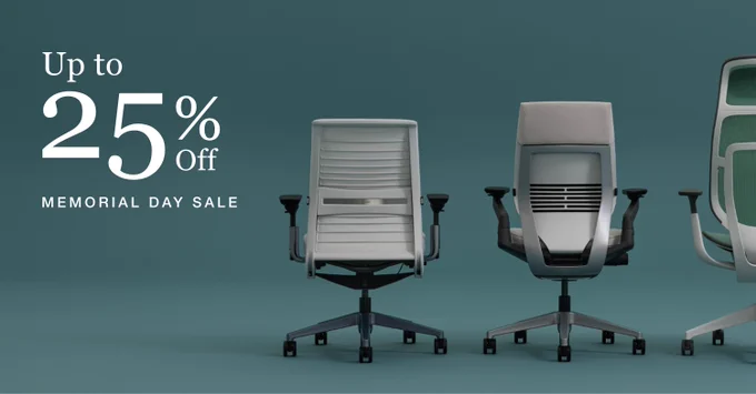 Steelcase Office chairs shown from behind against a teal background with text announcing up to 25% off Memorial Day sale.