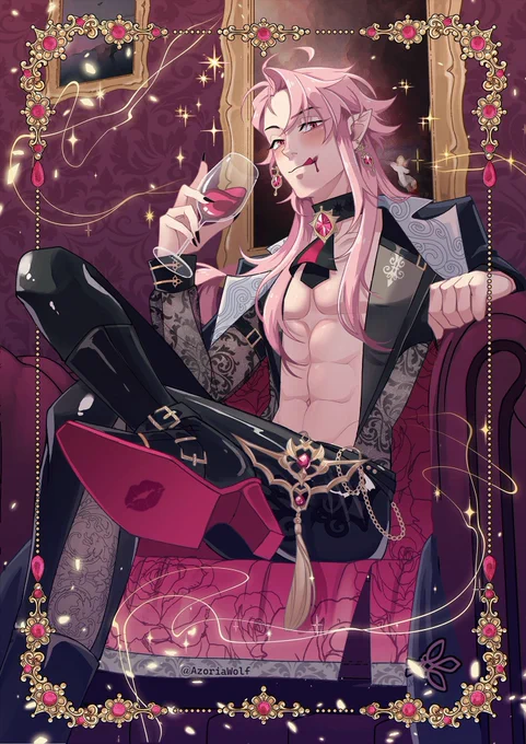 Aster from the  18 game Nu:carnival. He is a vampire that call the hero "Master". He is in his Scarlet finess skin, where he is the director of a casino. He is sitting in a leather sofe, holding up a glass with a supicious red liquide. Licking his lips while looking at you. there is a kiss mark under his boot.