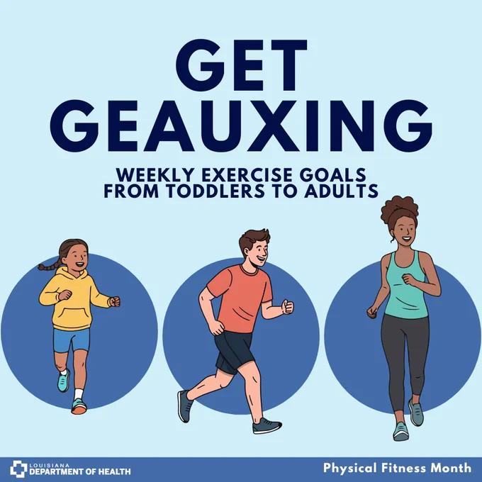 Infographic about weekly exercise goals from toddlers to adults. Title reads, 'Get Geauxing.'