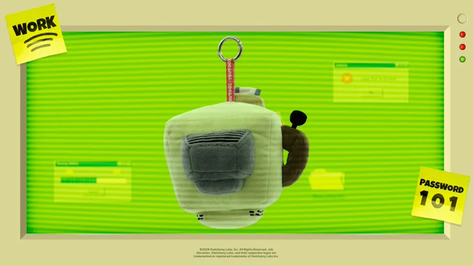 Promotional graphic for a Job Simulator and YouTooz collaboration product featuring the back of a plush keychain shaped like a retro computer monitor with a brown handle and a red keychain displayed against a bright green striped background resembling a computer monitor with "work" and "password 101" sticky notes on the sides. 