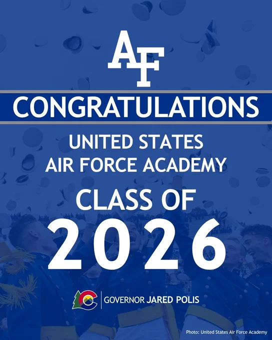 United States Air Force Academy congratulates the Class of 2026 with a blue background and celebratory confetti.