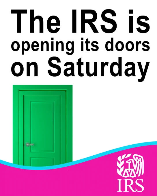 A photo of a green door. Text: ‘The IRS is opening its doors on Saturday.’ IRS logo also displayed.