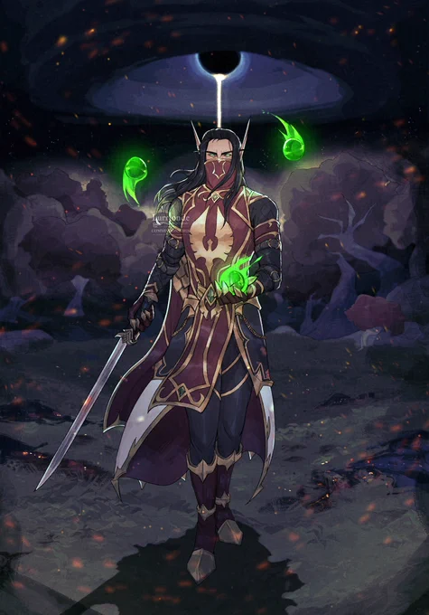 A full illustration of @Casimir82714167 character Satharian, striding forward. He is surrounded by void creature remains, amidst a field in Eversong Woods. Behind him, the Sunwell is sending its beam into the Voidstorm. He holds a ball of felfire, and is circled by 2 others, while holds his sword at the ready.