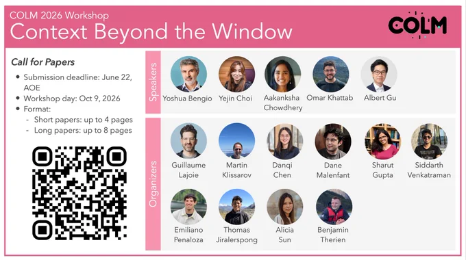 Modern language models operate within finite context windows, yet many real-world tasks require models to absorb, retain, and act on information that far exceeds any single prompt.

This workshop addresses the full spectrum of context management: fitting more into the window, maintaining state across interactions, and transferring knowledge into parameters. We frame this around the trade-off between context-time memory (information supplied at inference) and weight-time memory (information absorbed into parameters).

Our goal is to build a shared vocabulary across subcommunities that rarely meet in one venue: long-context modeling, retrieval-augmented systems, continual learning, knowledge distillation, and LLM agents.