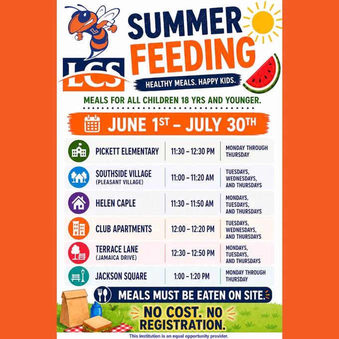 Colorful Lexington City Schools Summer Feeding graphic promoting free summer meals for children 18 and under from June 1 through July 30, including reminders that meals must be eaten on site and no registration is required.