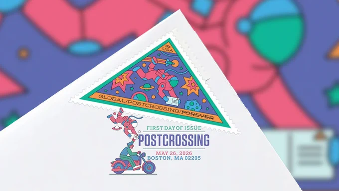 A colorful astronaut carrying a postcard on a spacewalk is depicted on one of the four "Postcrossing" stamps. (USPS/collectSPACE)