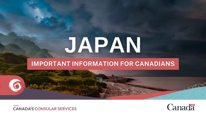 A coastal landscape under dark storm clouds with lightning in the sky. There is a swirling typhoon logo in the bottom left corner. 
Text: Important information for Canadians in Japan.  
Logos: Canada’s Consular Services and Canada.   