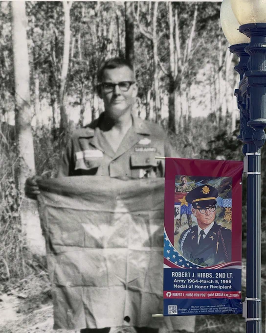Photo of Robert during the war and a photo of his banner in Cedar Falls