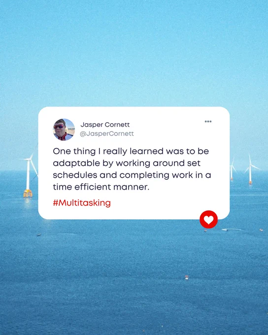 Graphic featuring student Jasper Cornett sharing a reflection on skills gained through renewable energy experiences. Jasper’s testimonial highlights learning adaptability, working around schedules, multitasking, and completing work efficiently. Background image shows offshore wind turbines over the ocean, reinforcing themes of renewable energy and professional growth.