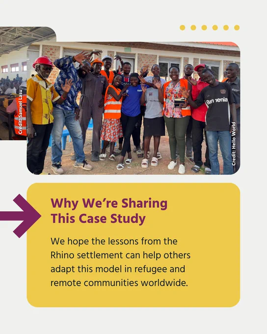 A group of people stands together, smiling. Text explains that we share this case study so others can adapt this model. 