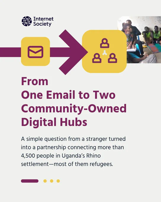 A purple arrow with an email icon and a partners icon. Text explains that partnership has helped connect thousands in Uganda's Rhino Camp Refugee Settlement. 