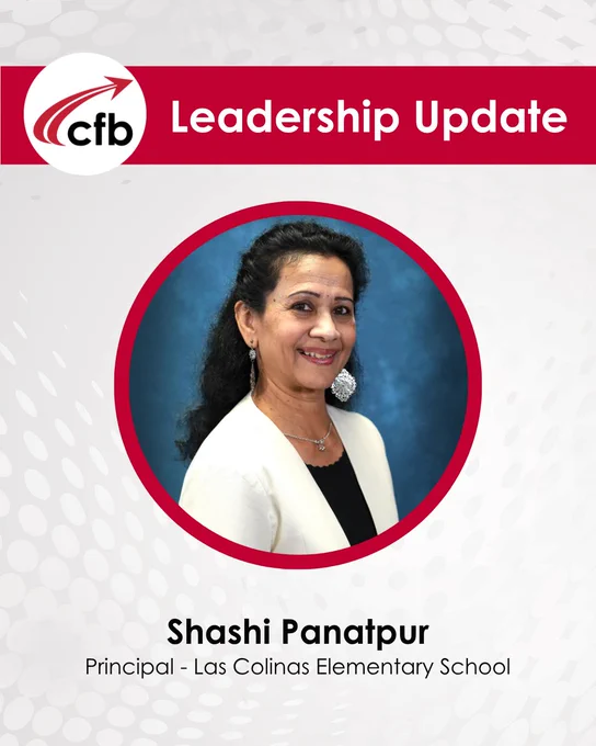 Smiling woman with dark hair in a white jacket, surrounded by a red banner that says "Leadership Update" and the CFB logo.