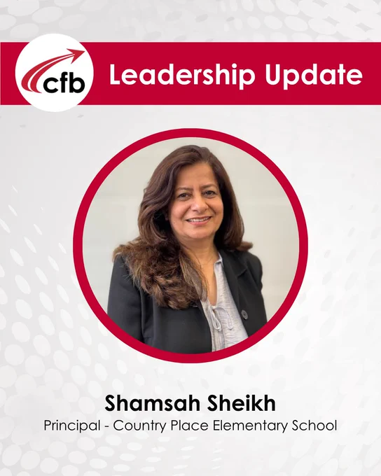 Leadership Update banner with image of a smiling woman in a black blazer, identified as Shamsah Sheikh, Principal of Country Place Elementary School.
