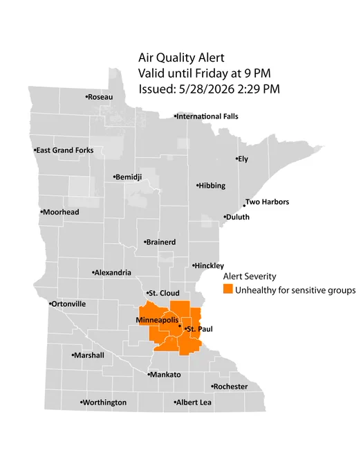 A map of Minnesota with the Twin Cities metro area highlighted in orange to indicate air quality that is unhealthy for sensitive groups. This air quality alert is valid until Friday, May 29, 2026, at 9:00 p.m.