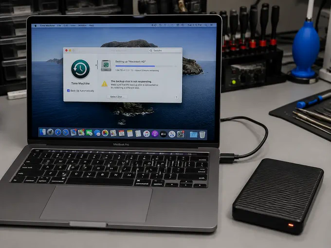 MacBook showing Time Machine backup error with external drive connected, illustrating failed backups and data recovery challenges on macOS systems.