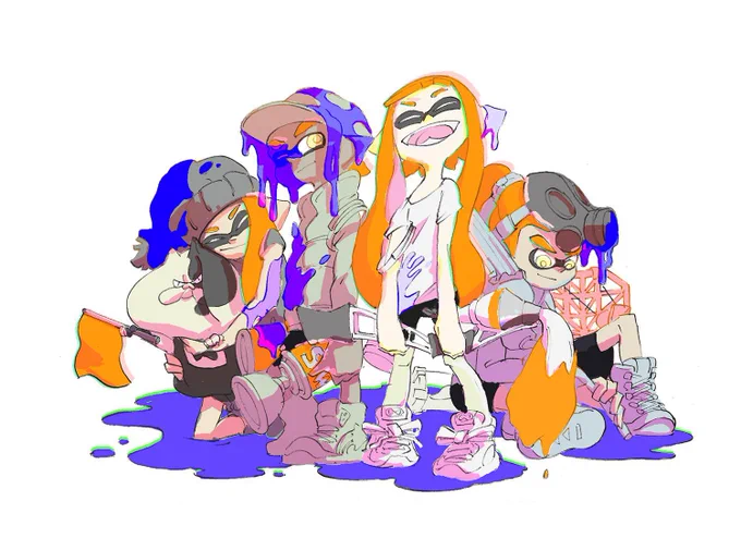 2D art from Splatoon. A group of four orange Inklings, some of them dripping in blue ink, stand and sit smiling in a blue ink puddle while holding their weapons. One is hugging Judd, who is attempting to rule the match in their favour.