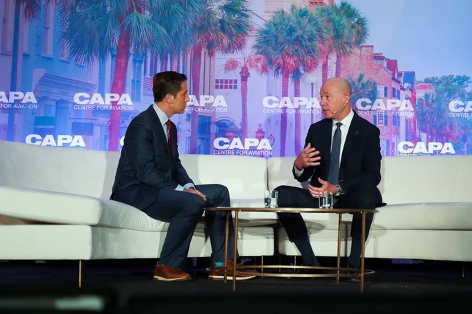FAA Administrator Bryan Bedford speaking in a fireside chat at CAPA Centre for Aviation summit in Charleston, S.C.