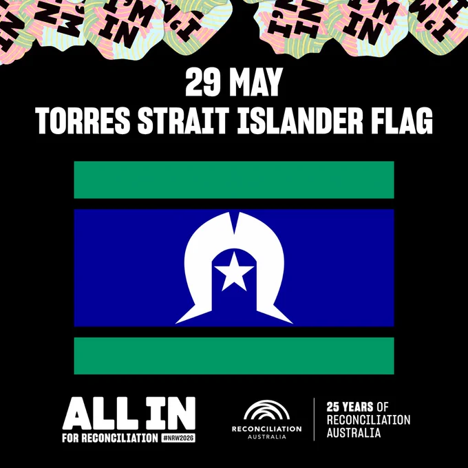 This image shows the Torres Strait Islander Flag on a black background. Text above the flag reads "29 May, Torres Strait Islander Flag" for its anniversary. Below, it says "All In for Reconciliation #NRW2026" with the Reconciliation Australia logo.