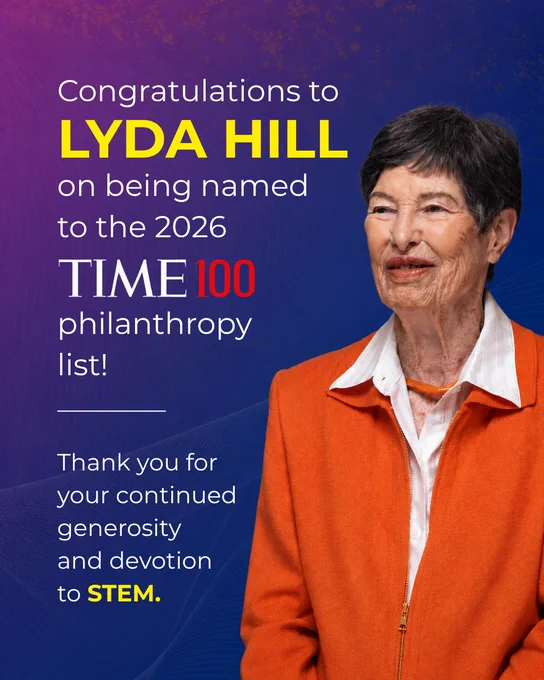 A post congratulating and celebrating lyda hill on her being named in the 2026 times100 philanthropy list, thanking her especially for her devotion to STEM.
