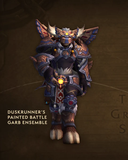 At the bottom right of the image, there\u2019s text that says, \u201CDuskrunner\u2019s Painted Battle Garb Ensemble.\u201D There is a tauren female wearing armor as if it was carved from wood, with metal filigree, painted sections in grey, blue, with a little bit of red,  and feather accents around the edges. Her belt has a glowing center, with a red-and-white tapestry hanging down below the center. The background is a brown version of the world map.