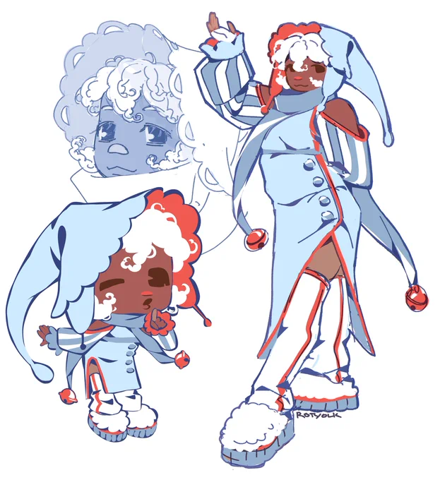 colored lineless drawings of a dark skinned curly haired milk themed anime character, one full body, one chibi. one additional portrait sketch in monochrome in the corner. she has a pajama nurse theme