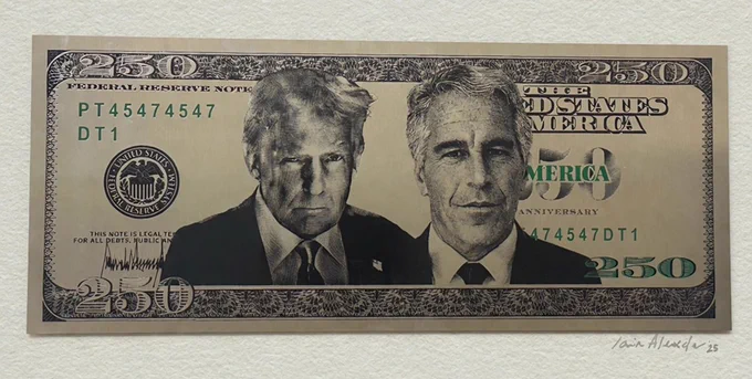 An AI-generated image of the proposed Trump $250 bill with Jeffrey Epstein next to him. 