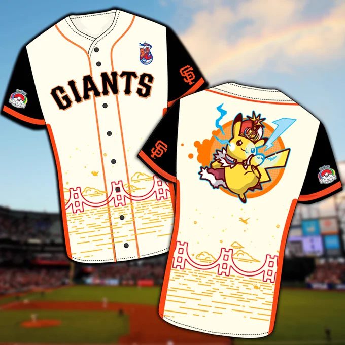 Front and back images of the San Francisco Giants Worlds Pikachu jersey. Oracle Park can be seen in the background.