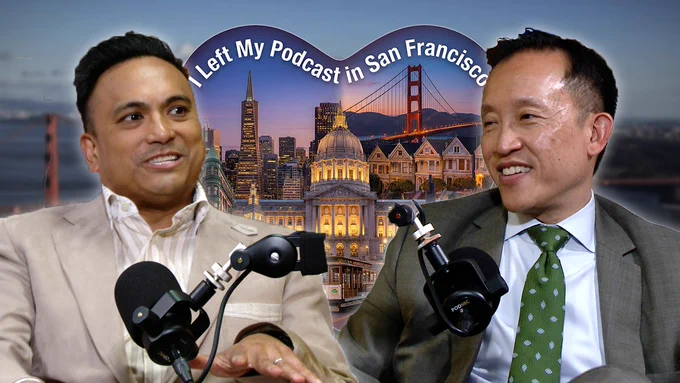 YouTube-style podcast thumbnail featuring host, Franco Finn, and City Attorney David Chiu, speaking into microphones in a studio setting. Franco, on the left, wears a light beige blazer and a white striped shirt, smiling while gesturing with his hand. David Chiu, to the right, wears a gray suit with a green patterned tie and smiles while facing the other speaker.

Between them is a heart-shaped graphic containing San Francisco landmarks, including the Golden Gate Bridge, the Transamerica Pyramid, the Painted Ladies houses, and City Hall at sunset. White curved text across the top reads, “I Left My Podcast in San Francisco.”