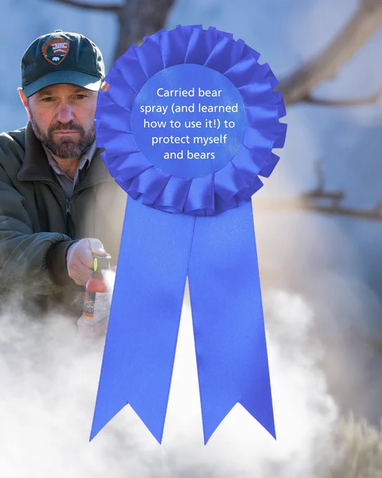 A large blue ribbon atop a photo of a park ranger spraying their bear spray. Text on the ribbon reads: "Carried bear spray (and learned how to use it!) to protect myself and bears."