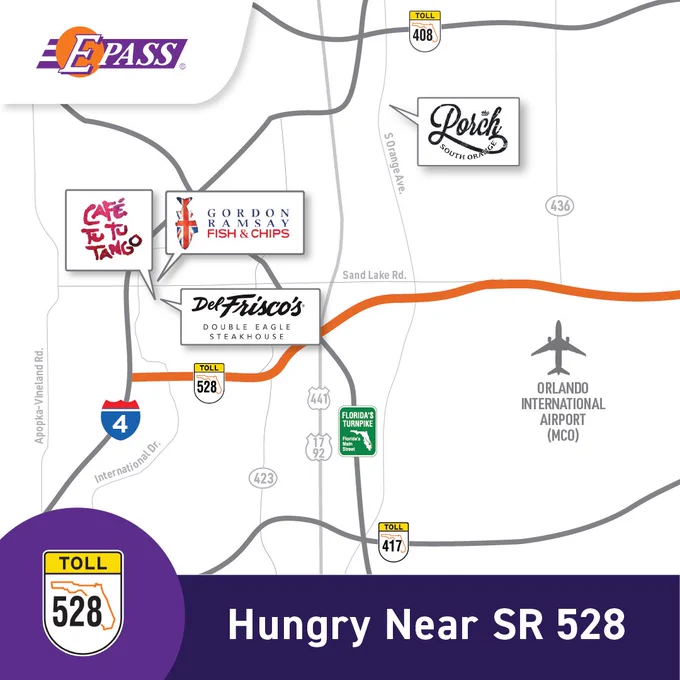 Map showing locations of restaurants near SR 528 in Orlando. Notable mentions include Café Tu Tu Tango, Gordon Ramsay Fish & Chips, Del Frisco's Double Eagle Steakhouse, and Pork Chop's South of the Border. Orlando International Airport is marked. The E-PASS logo is displayed at the top left, and the bottom label says "Hungry Near SR 528.