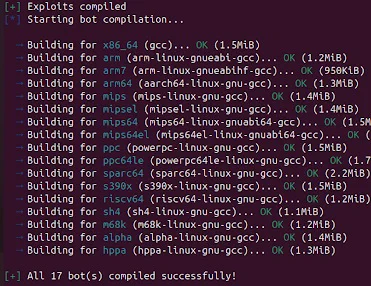 Compiling process in a terminal window showing the successful build of bots for various architectures. All 17 bots compiled successfully.
