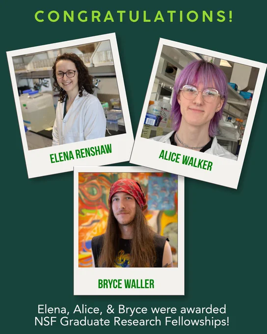 This is a dark green poster with pictures of the three NSF GRFP awardees in frames that look like polaroid images. 