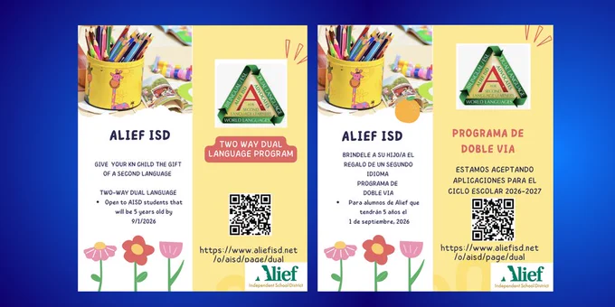 Two flyers on blue background with yellow and green designs. The left has "ALIEF ISD" in the middle, and the right has "PROGRAMA DE DOBLE VIA" in the middle.