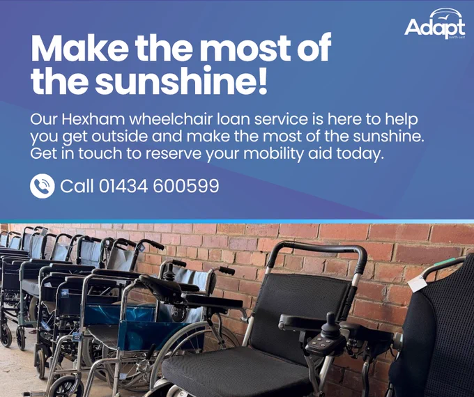 Row of wheelchairs lined up against a brick wall, promoting Hexham wheelchair loan service for outdoor mobility aid.